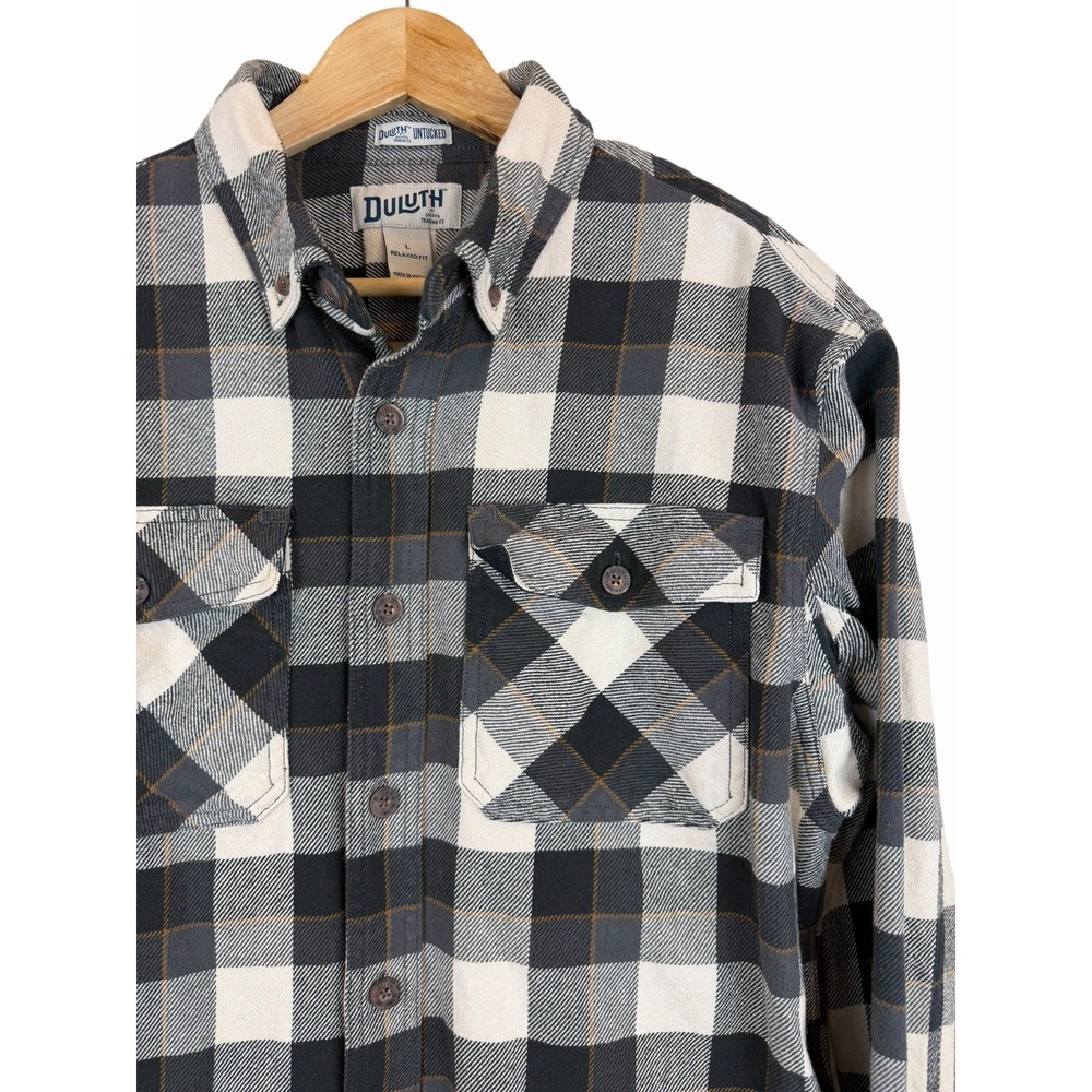 Duluth Trading Co Untucked Black/White Plaid Flannel Shirt Men's XL Relaxed Fit
